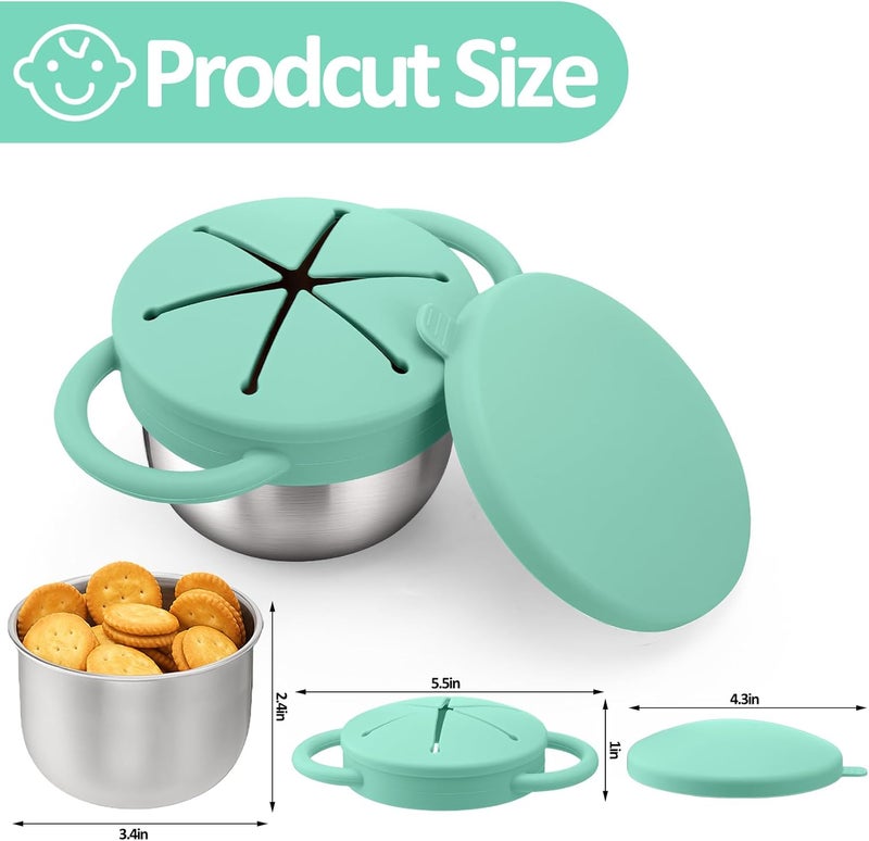 BUSOHA Stainless Steel Toddler Snack Cups - 9 OZ Spill-Proof Baby Snack Containers with Silicone Catcher and Lid Travel Snack Containers for Kids Food Grade Silicone Dishwasher Safe,Green - Image 2